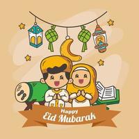 felice eid mubarak con due bambini musulmani, tamburo, al quran e lanterna vettore