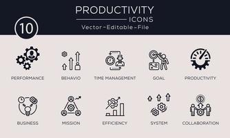 set di icone di concetto di produttività design. contiene tali icone prestazioni, obiettivo, processo, gestione del tempo e altro, può essere utilizzato per il Web e le app. vettore libero