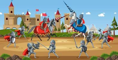 scena all'aperto con guerrieri medievali che combattono in battaglia vettore