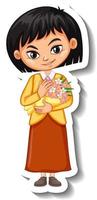 una ragazza con un mazzo di fiori adesivo personaggio dei cartoni animati vettore