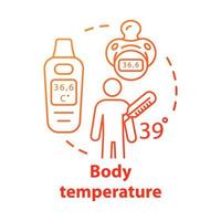 icona del concetto di attrezzatura per la misurazione della temperatura corporea. paziente che ha idea di febbre illustrazione al tratto sottile. termometro elettronico per bambini. disegno di contorno isolato vettoriale. tratto modificabile vettore