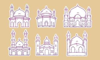 set di moschea islamica. illustrazione grafica vettoriale. concetto di design moschea con stile schizzo disegnato a mano vettore