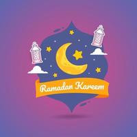 illustrazione di ramadan kareem con luna crescente e concetto di lanterna. stile di schizzo disegnato piatto e fhand vettore