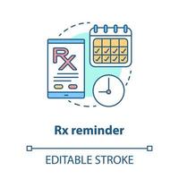 icona del concetto di farmacia. illustrazione della linea sottile dell'idea del promemoria dell'assunzione di farmaci rx. allarme programmato farmaci da prescrizione. tracker di medicina per smartphone. disegno di contorno isolato vettoriale. tratto modificabile vettore