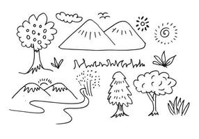 schizzo di montagne disegnate a mano con foresta, strada, sole, erba e nuvole. illustrazione vettoriale. vettore
