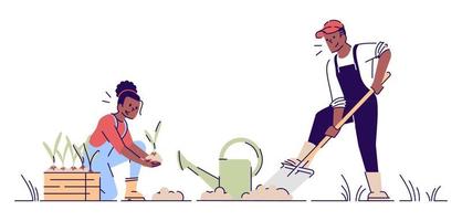 coppia che fa giardinaggio insieme illustrazione vettoriale piatta. agricoltori afroamericani che piantano fiori personaggi dei cartoni animati con contorno. uomo e donna che coltivano colture. concetto di opere primaverili del vivaio