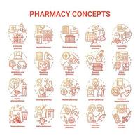 set di icone di concetto di farmacia. illustrazioni a linee sottili di idea di farmaci regolamentari, programmati e farmaci da prescrizione. consulenza medica online. disegni di contorno isolati vettoriali