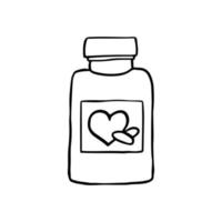 bottiglia di medicina per pillole con emblema del cuore. stile doodle, elemento medico isolato su sfondo bianco vettore