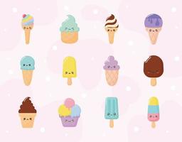 dodici gelati kawaii vettore