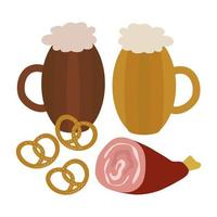 boccali di birra, pretzel tedeschi, stinco di maiale, elemento di design all'oktoberfest. illustrazione vettoriale isolata.