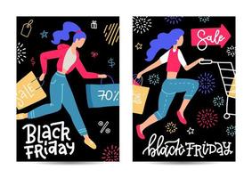 set di banner verticali a4 per la vendita del black friday. donne che corrono per la spesa con carrello e sacchetti di carta in mano. illustrazione vettoriale piatta