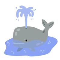 simpatica balena divertente con fontana d'acqua in mare o nell'oceano. animale marino. vettore