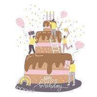 concetto di festa di buon compleanno con persone allegre, amici maschi e femmine in piedi su una grande torta a più livelli con una candela e festeggiare. piccoli personaggi che si divertono. illustrazione di stile di design piatto. vettore