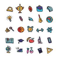 set di icone di forniture scolastiche colorate doodle con linee, simboli isolati su sfondo bianco. vettore