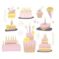 set di diverse torte con candele. design per biglietto di auguri di compleanno, etichetta regalo,. illustrazione vettoriale disegnata a mano in stile piatto.