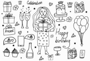 set di oggetti e simboli del fumetto doodle disegnato a mano sulla festa di compleanno. design biglietto di auguri per le vacanze e invito di matrimonio, buona festa della mamma, compleanno, San Valentino e festività vettore
