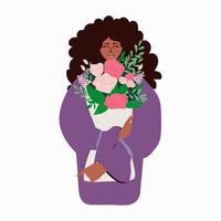 bella donna nera o una donna afro-americana tiene in mano un mazzo di fiori primaverili vettore