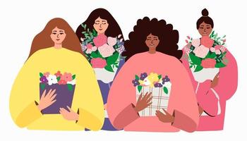 giornata internazionale della donna. illustrazione vettoriale con donne di diverse nazionalità e culture con mazzi di fiori. illustrazione vettoriale.