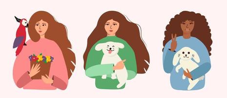 le donne di diverse nazionalità ei loro animali sono isolati. illustrazione vettoriale in uno stile piatto