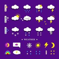 insieme di elementi meteorologici per il design, impostato su uno sfondo viola. illustrazione vettoriale