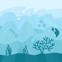 fondo piatto del fumetto subacqueo con la siluetta del pesce, alghe, coralli, calamari, meduse. vita marina oceanica in diverse tonalità del colore acquamarina. illustrazione vettoriale del paesaggio sottomarino