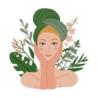 donna con un asciugamano in testa. procedura di cosmetica organica. simbolo di cosmetologia naturale. piante e foglie. illustrazione vettoriale piatta.