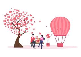 buon San Valentino design piatto illustrazione che viene commemorato il 17 febbraio con orsacchiotto, mongolfiera e regalo per biglietto di auguri d'amore vettore