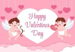 buon San Valentino design piatto illustrazione che viene commemorato il 17 febbraio con cupido carino, angeli sulle nuvole per biglietto di auguri d'amore vettore