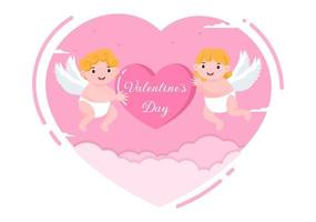 buon San Valentino design piatto illustrazione che viene commemorato il 17 febbraio con cupido carino, angeli sulle nuvole per biglietto di auguri d'amore vettore