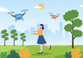 drone con telecomando della fotocamera guidato in volo per scattare fotografie e registrazioni video in un'illustrazione di sfondo cartone animato piatto vettore