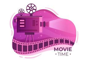 spettacolo in anteprima di film o cinema con fotocamera, popcorn, ciak, nastro di pellicola e bobina in un'illustrazione di sfondo design piatto vettore