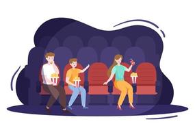 schermata della prima del cinema notturno con gli amici seduti insieme su sedie rosse che guardano un film in un'illustrazione di sfondo design piatto vettore
