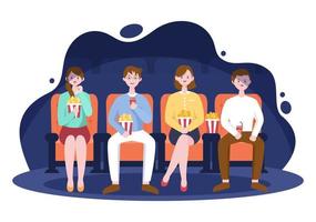 schermata della prima del cinema notturno con gli amici seduti insieme su sedie rosse che guardano un film in un'illustrazione di sfondo design piatto vettore