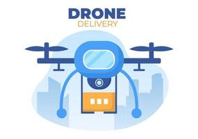 il servizio di consegna usa l'illustrazione di vettore del fondo del drone. scatole di distribuzione dei dipendenti che utilizzano un dispositivo tecnologico moderno per la spedizione di pacchi