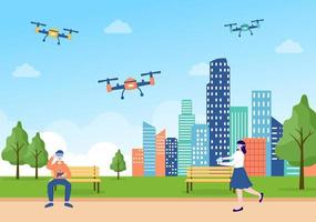 drone con telecomando della fotocamera guidato in volo per scattare fotografie e registrazioni video in un'illustrazione di sfondo cartone animato piatto vettore