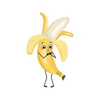 personaggio di banana con emozioni d'amore, viso sorridente, braccia e gambe. persona con espressione felice, emoticon di frutta tropicale. illustrazione piatta vettoriale