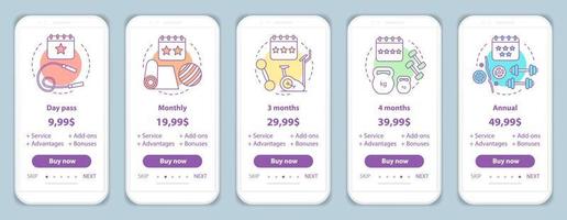 abbonamento fitness onboarding app per dispositivi mobili scherma i prezzi. modelli di pagine di siti Web di procedura dettagliata. costi di iscrizione alla palestra. fasi dei piani tariffari. layout della pagina web di pagamento smartphone vettore