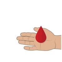 una goccia di sangue in mano, simbolo di donazione. illustrazione vettoriale a colori