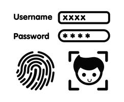 Icona per il sistema di autenticazione del dispositivo elettronico, impronta digitale, face scan e immissione della password. vettore