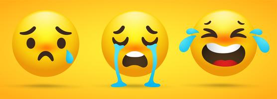 Collezione Emoji che mostra emozioni, tristezza, pianto in uno sfondo giallo. vettore