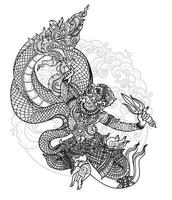 arte del tatuaggio scimmia tailandese e drago tailandese modello letteratura disegno a mano e schizzo in bianco e nero vettore
