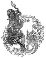 arte del tatuaggio drago tailandese e drago cinese disegno a mano e schizzo in bianco e nero vettore