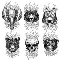 arte del tatuaggio lupo scimmia tigre ed elefante disegno a mano e schizzo in bianco e nero vettore