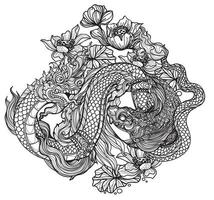 arte del tatuaggio pesce tailandese e serpente tailandese in stagno con fiori di loto modello letteratura disegno a mano schizzo vettore