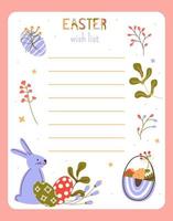 lista dei desideri di Pasqua con coniglietto carino, uova ed elementi di design floreale. modulo vuoto per le note. illustrazione vettoriale dei cartoni animati