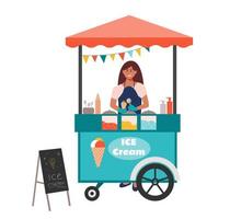 bancarella del gelato di strada della città. venditore ragazza che tiene cono gelato e sta dietro il bancone. vendita di dolci al mercato, food court. illustrazione vettoriale cartone animato piatto