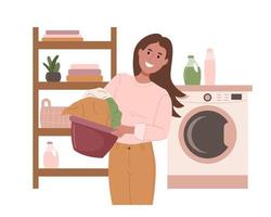 donna felice che fa il bucato in bagno. un giovane tiene un cesto con vestiti lavati e puliti. illustrazione vettoriale del personaggio femminile dei cartoni animati isolata su sfondo bianco