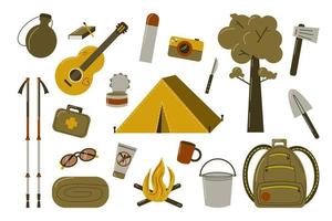 pacchetto di elementi di colore dell'attrezzatura da campeggio. tenda, zaino, chitarra, bastoncini da trekking, thermos, stoviglie e sacco a pelo. attrezzatura da trekking impostata per l'avventura. illustrazione vettoriale piatta