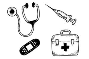 impostare strumenti per la salute medica stetoscopio pillole iniettore vaccino line art illustrazione