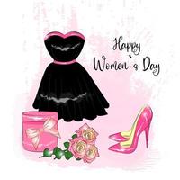 felice festa della donna 8 marzo biglietto di auguri, abito nero da donna, scarpe, fiori di rosa e un'illustrazione vettoriale regalo